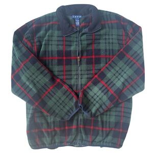 Izod Men's Green and Red Plaid Fleece Zip Up Jacket Size Large